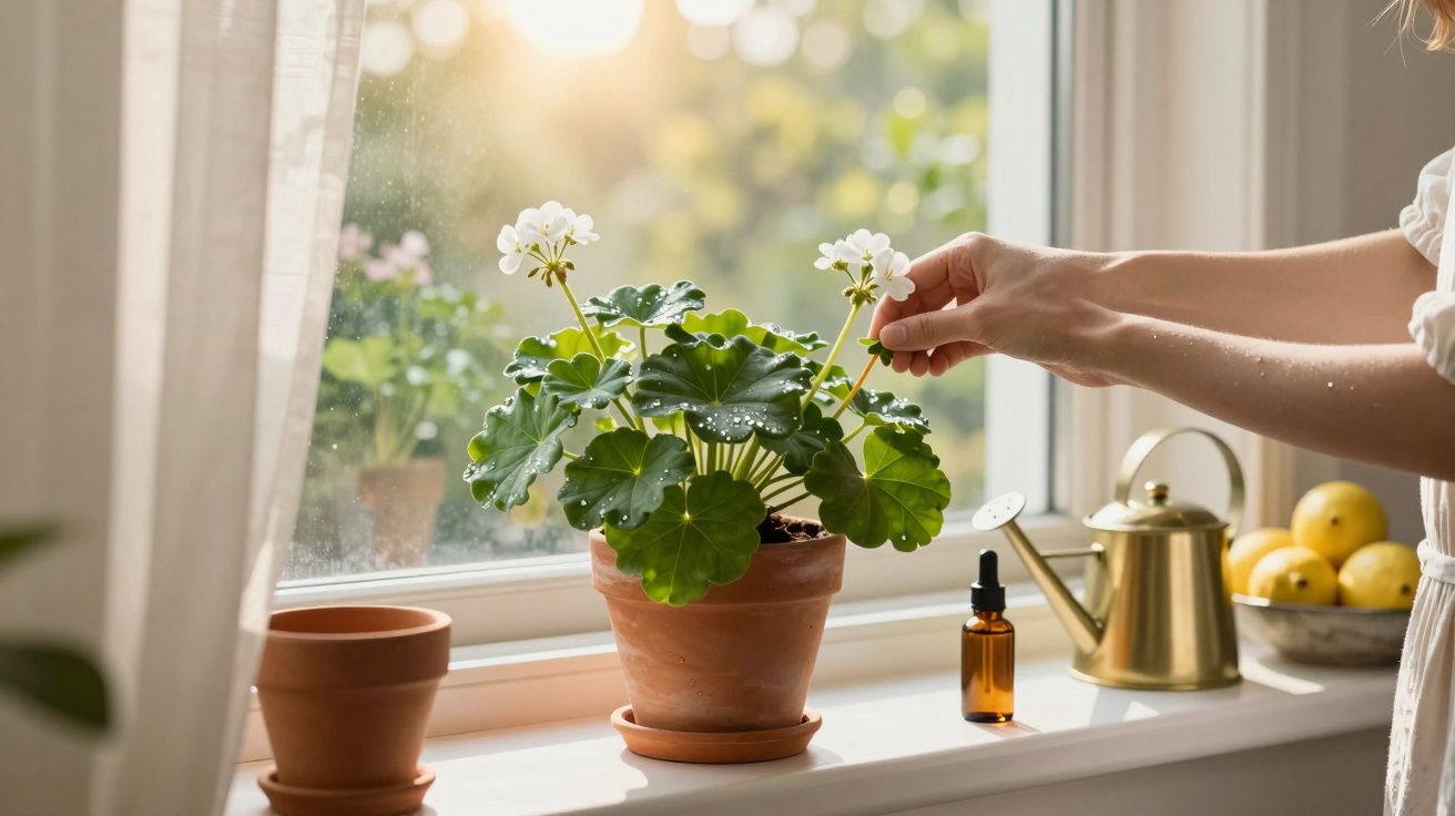 Mâini îngrijind o mușcată albă pe pervaz, lângă o sticlă cu ulei, o stropitoare aurie, și ghivece goale.