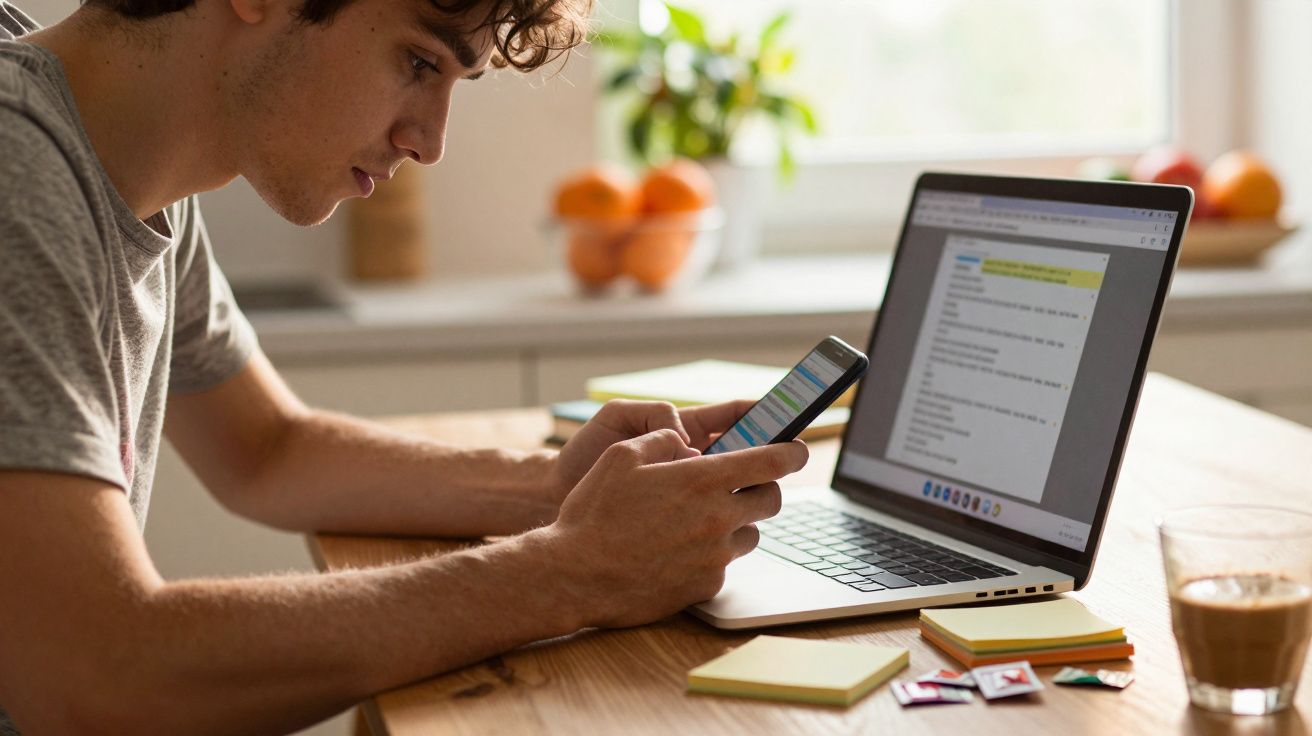 Tânăr lucrând la laptop în bucătărie verificând telefonul, înconjurat de post-it-uri și o cafea.