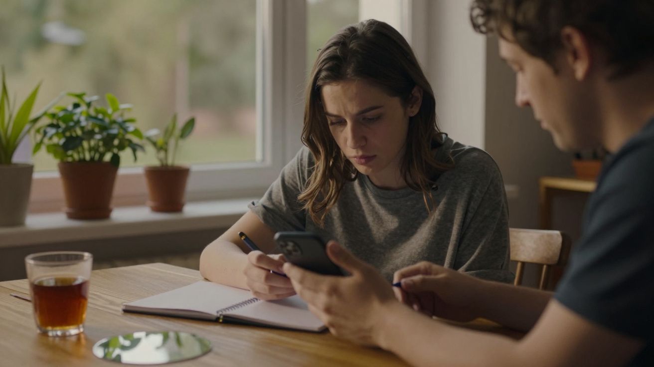 Tânără cu tricou gri și bărbat folosind telefoane la o masă, cu un caiet și un pahar cu ceai alături.