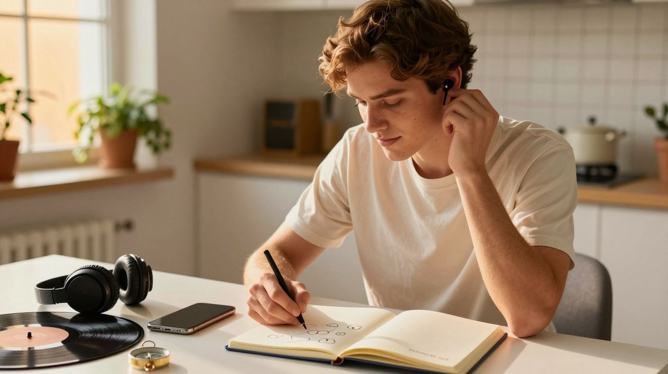 Tânăr ascultând muzică în căști și scriind într-un caiet, cu un pickup și căști pe masă.