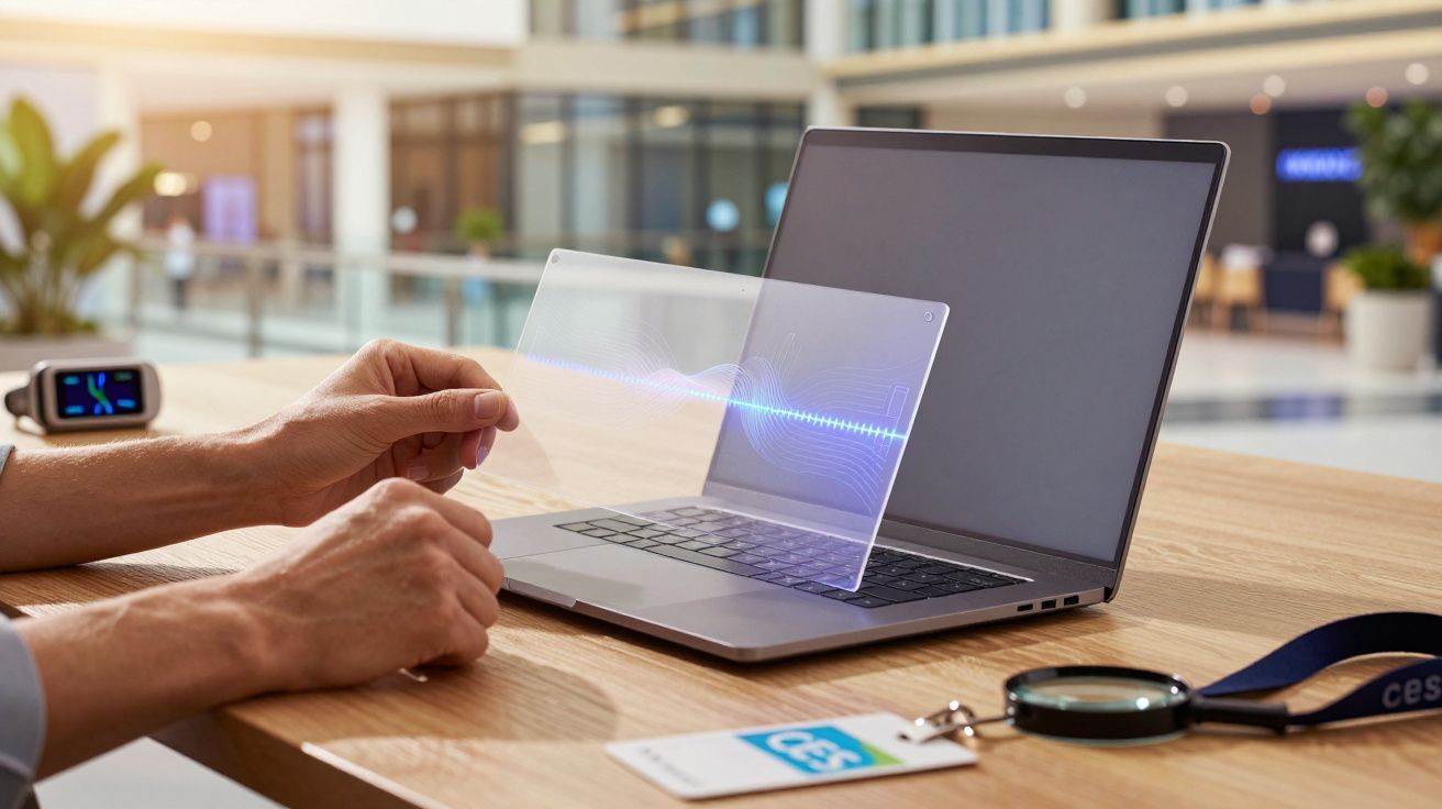 Persoană folosind un laptop cu ecran holografic pe un birou modern, într-un spațiu de birouri luminos.