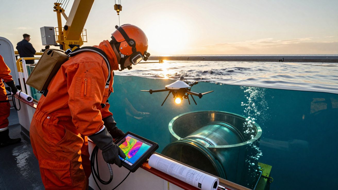 Persoană în costum portocaliu operează o tabletă pe o navă; dronă sub apă lângă echipament metalic.