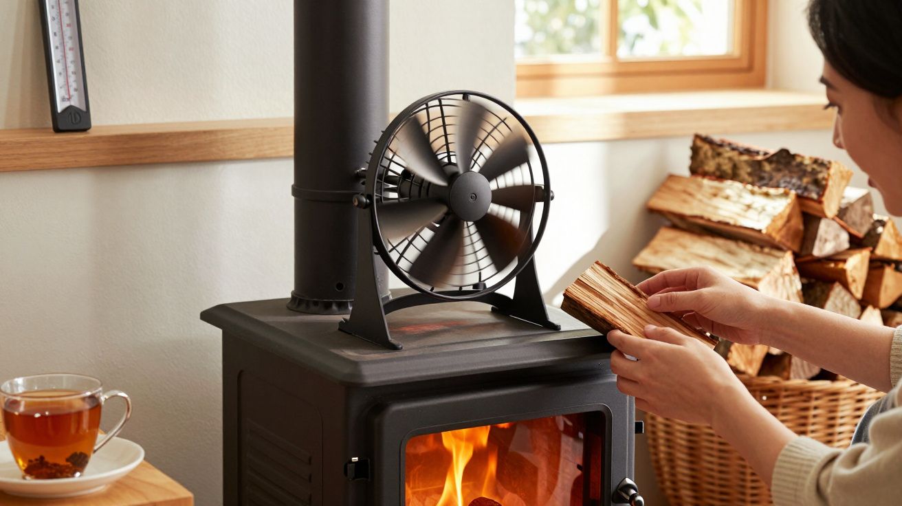 Persoană punând lemne într-o sobă cu focare, ventilator deasupra. Ceașcă de ceai și coș cu lemne în fundal.
