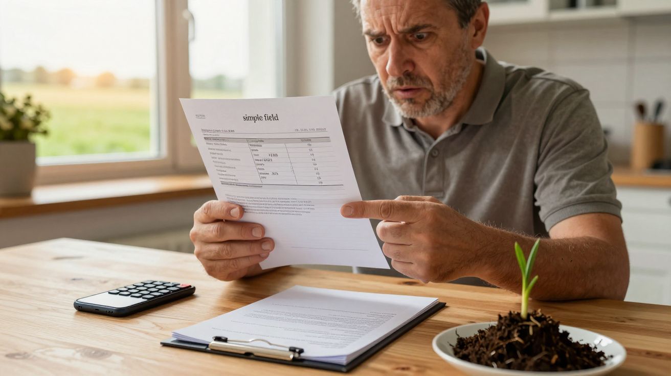 Bărbat îngrijorat citind un document, cu un calculator și o plantă mică în ghiveci pe masă, în bucătărie.