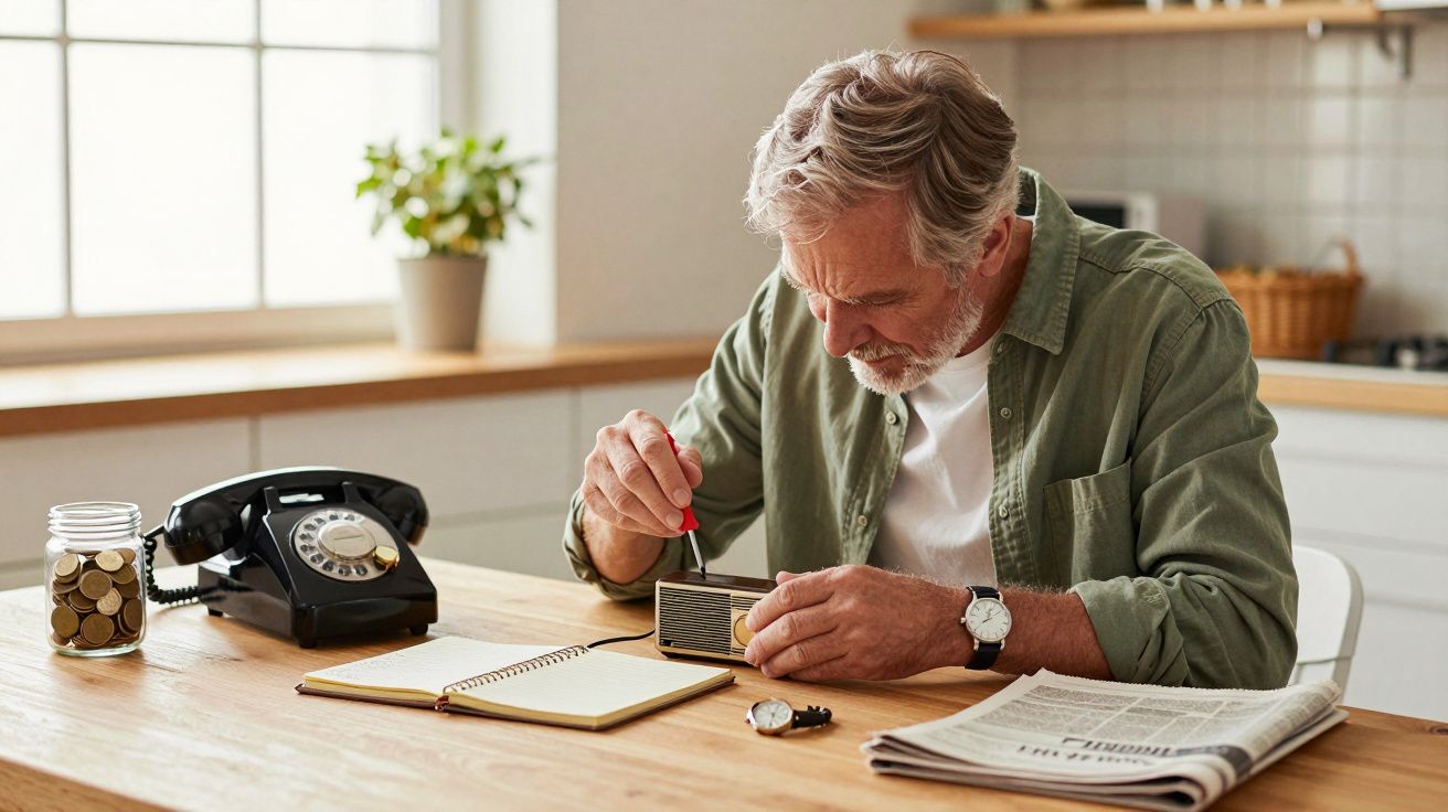 Bărbat în vârstă reparând un aparat radio la masa din bucătărie, cu un telefon vechi, carnet și ziar alături.