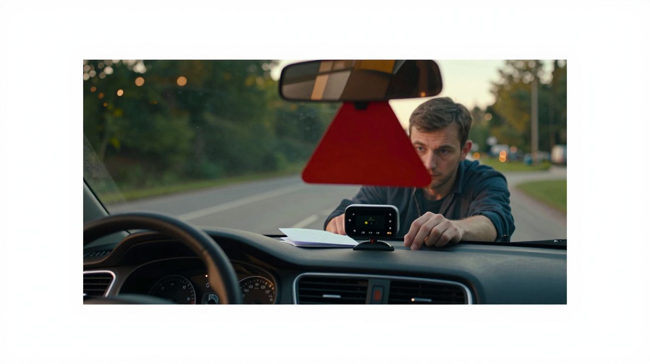 Bărbat aranjând un aparat pe bordul unei mașini pe marginea drumului, cu un semn roșu agățat de oglindă.