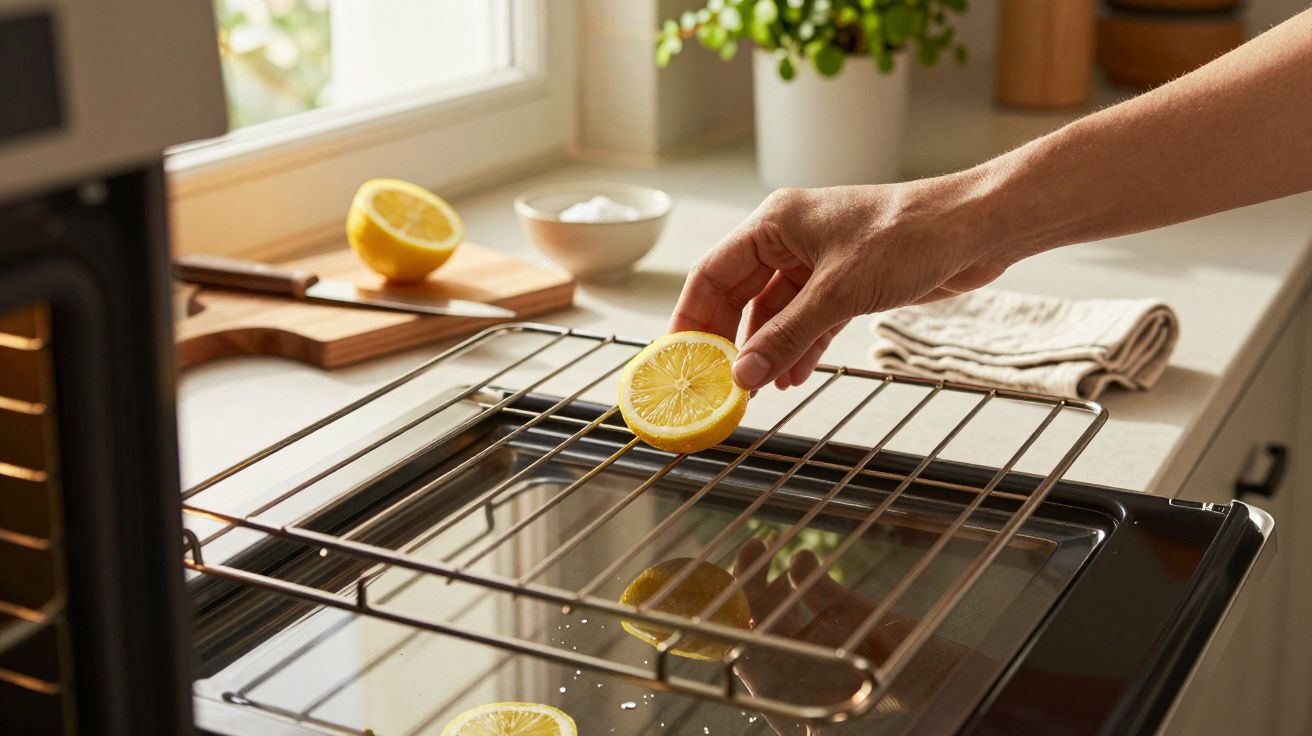 Mână pune o felie de lămâie pe grătarul unui cuptor în bucătărie, cu o fereastră luminată în fundal.