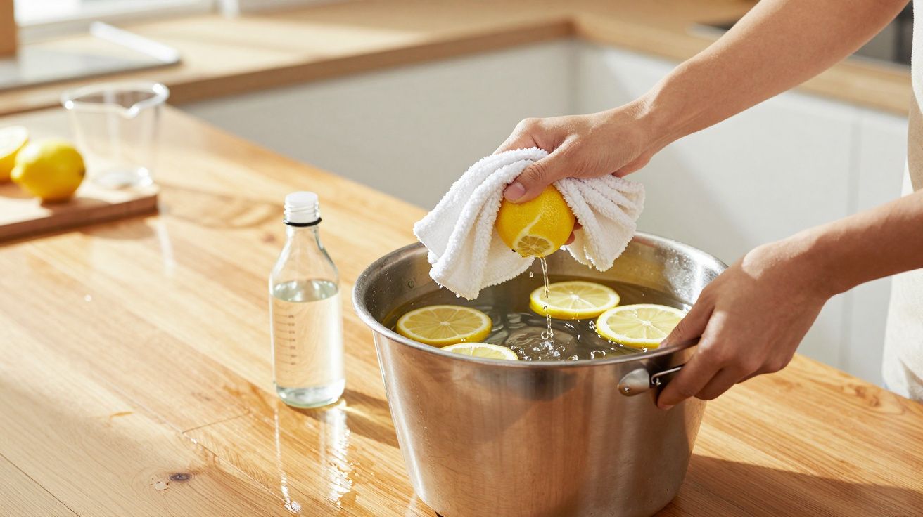 Persoană stoarce o lămâie cu un prosop deasupra unui bol cu felii de lămâie și o sticlă de oțet pe masă din lemn.