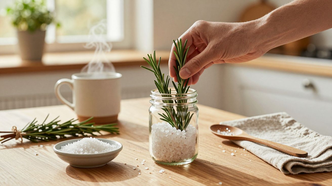 Mână punând crenguță de rozmarin într-un borcan cu sare, pe masă din lemn; cana și lingura vizibile.
