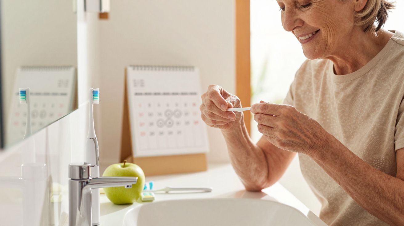 Femeie zâmbitoare lângă chiuvetă, ținând proteze dentare, cu periuțe de dinți și un măr pe fundal.