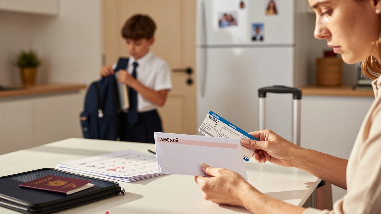 Femeie examinând o amendă la masă, copil pregătindu-se de școală în fundal.