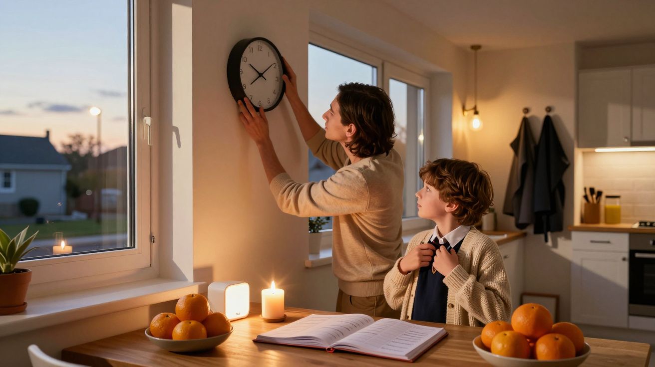 Bărbat și copil într-o bucătărie, bărbatul ajustează ceasul de perete, lumânări aprinse pe masă cu fructe și caiet deschis.