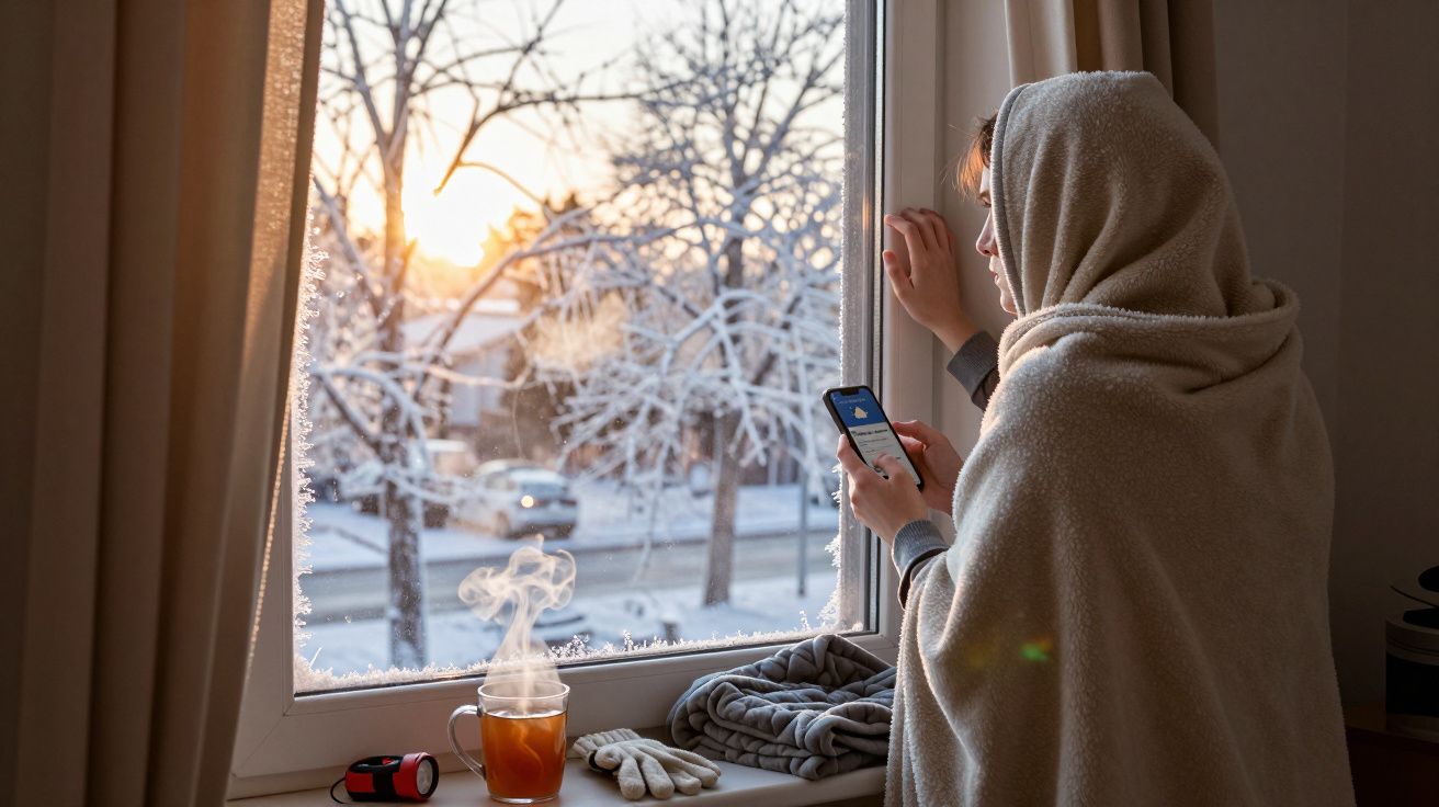 Persoană înfășurată în pătură privind pe geam la iarnă, cu ceai și smartphone. Lumina caldă a răsăritului.