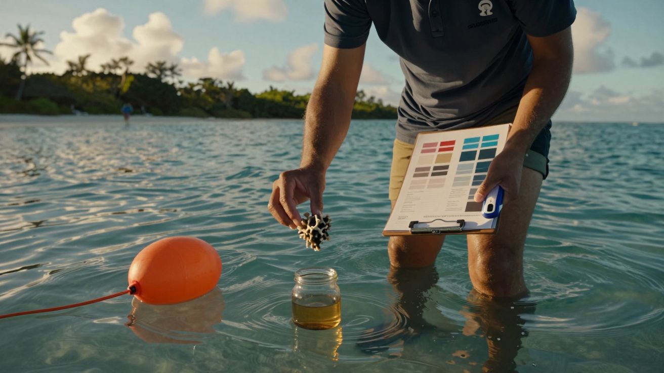 Om analizând apă și corali pe plajă, ținând o placă cu mostre de culori și un borcan.