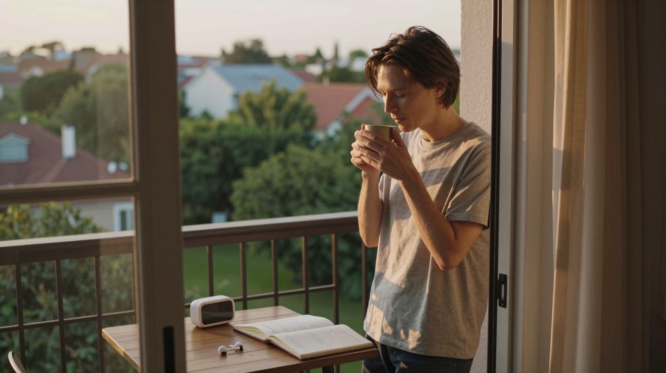 Un bărbat pe balcon, bând ceai și citind o carte, cu peisaj urban în fundal.