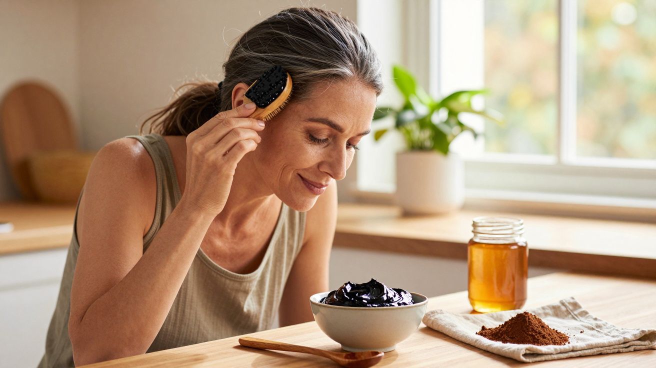 Femeie aplicând mască facială cu perie, cu miere și pudră de cafea pe masă, în bucătărie luminoasă.