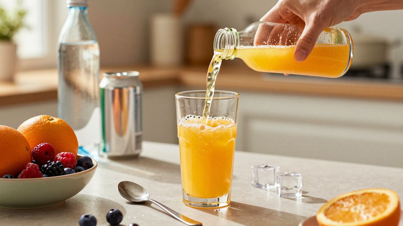 Un pahar de suc de portocale turnat din sticlă, pe masă, alături de fructe proaspete și gheață.