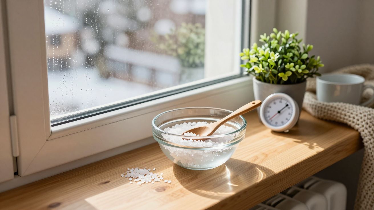 Bol cu sare și lingură de lemn pe pervaz, lângă un ghiveci și termometru.