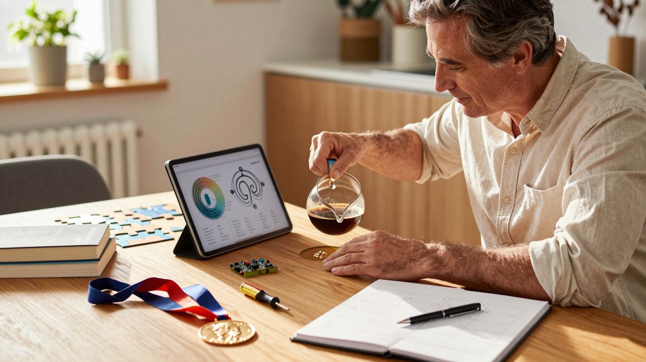 Bărbat îmbrăcat casual lucrează la birou cu o tabletă, puzze și medalii lângă el, turnând cafea într-o cană.