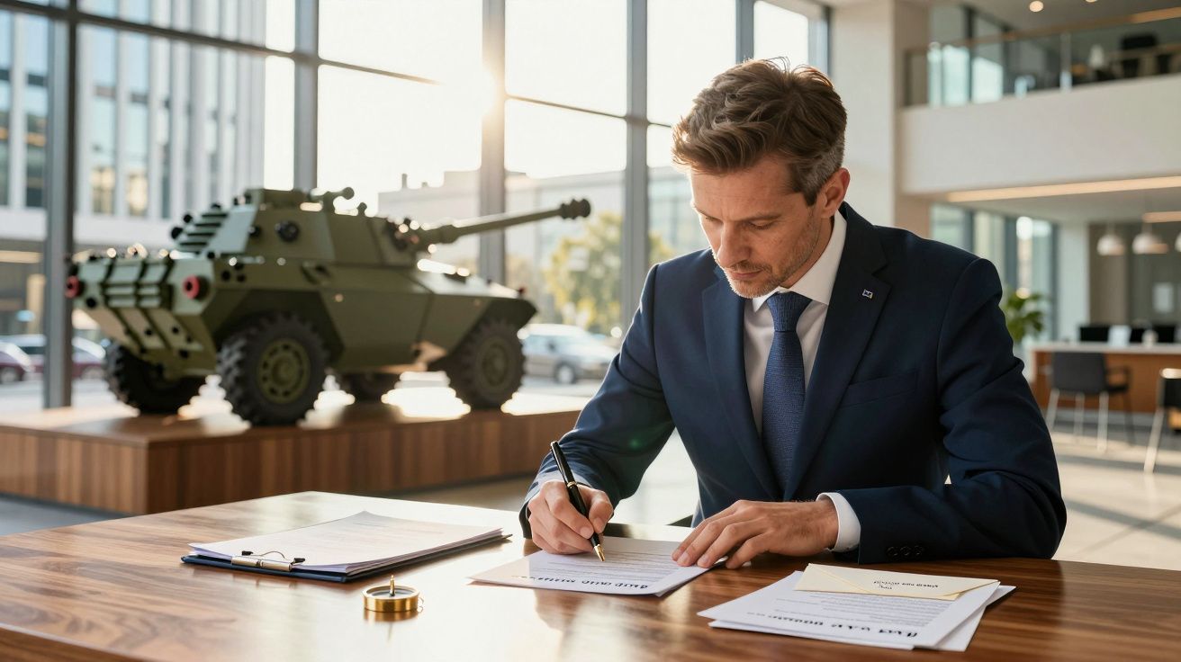 Bărbat în costum semnează documente la un birou, cu un model de vehicul militar expus în fundal.