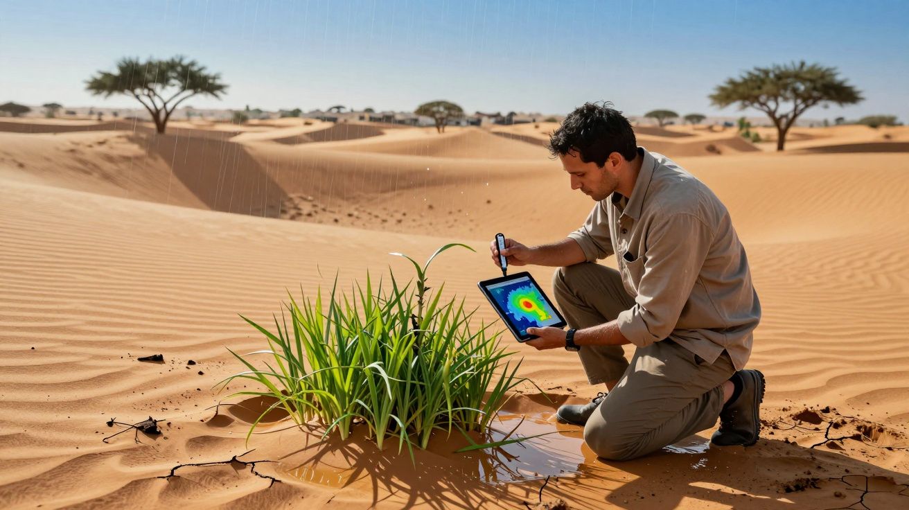 Bărbat cu tabletă analizează plante verzi în deșert, sub cer senin, cu arbori în fundal.