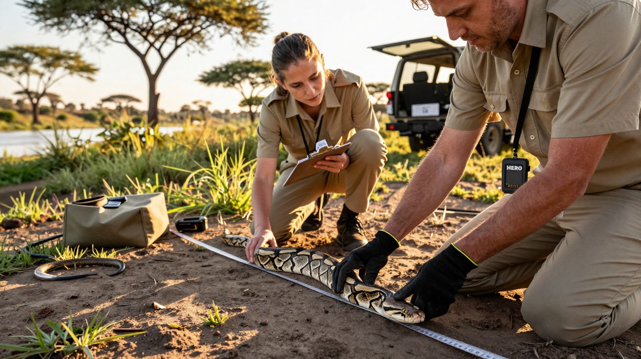 Cercetători măsoară un piton african în sălbăticie, lângă un râu, cu un metru de bandă, sub cer senin.