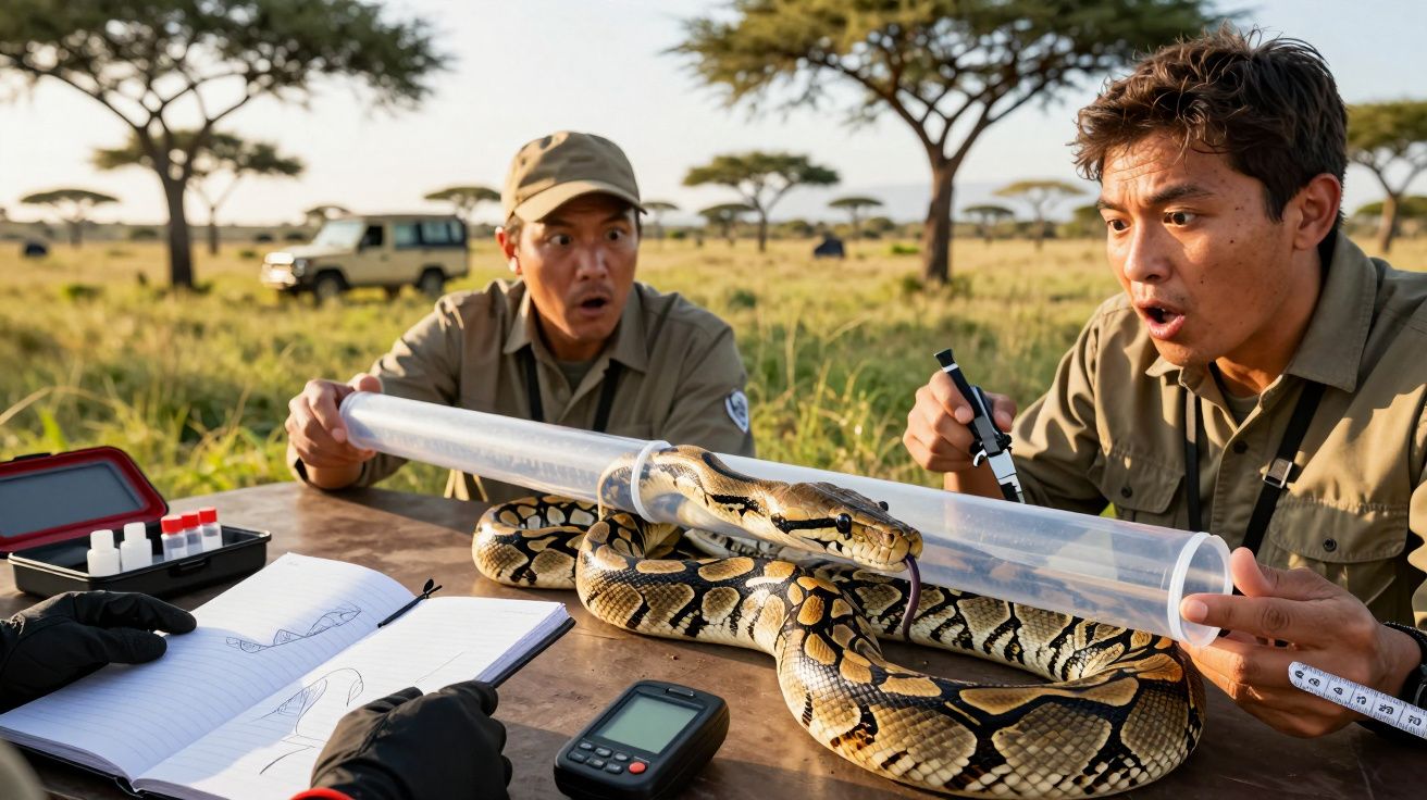 O echipă de cercetători examinează un șarpe mare într-o savană, cu echipamente științifice pe masă.