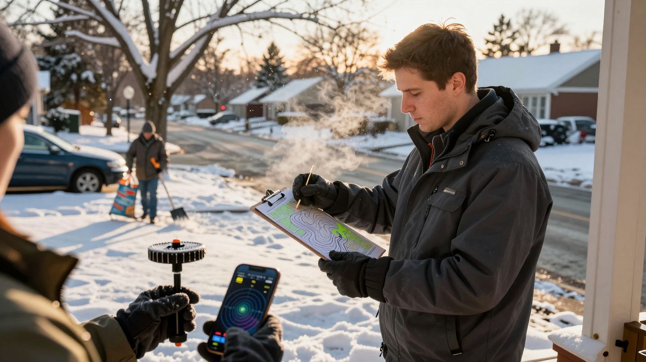 Un bărbat scrie pe o tabletă în zăpadă, altul folosește un dispozitiv în apropiere de o stradă acoperită de omăt.