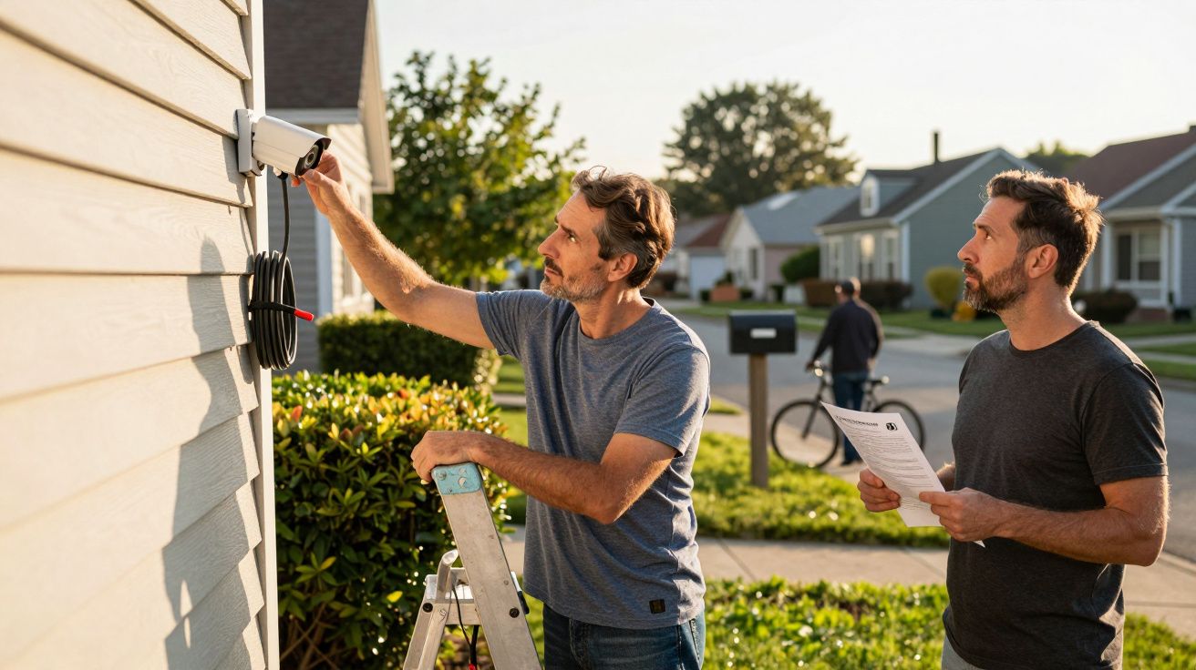 Bărbat pe scară instalează o cameră pe casa, alt bărbat ține o hârtie; case și oameni pe fundal.