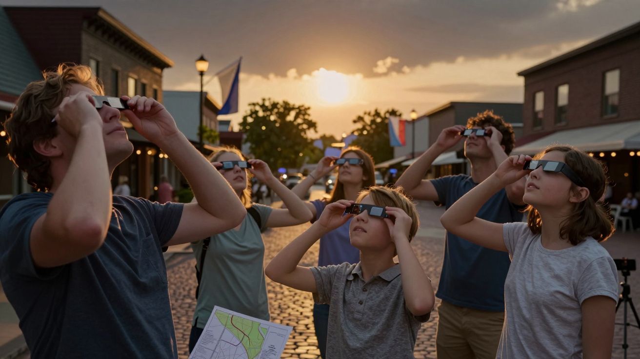 Un grup de persoane urmărește cerul cu ochelari pentru eclipsă pe o stradă pietruită, la apus.
