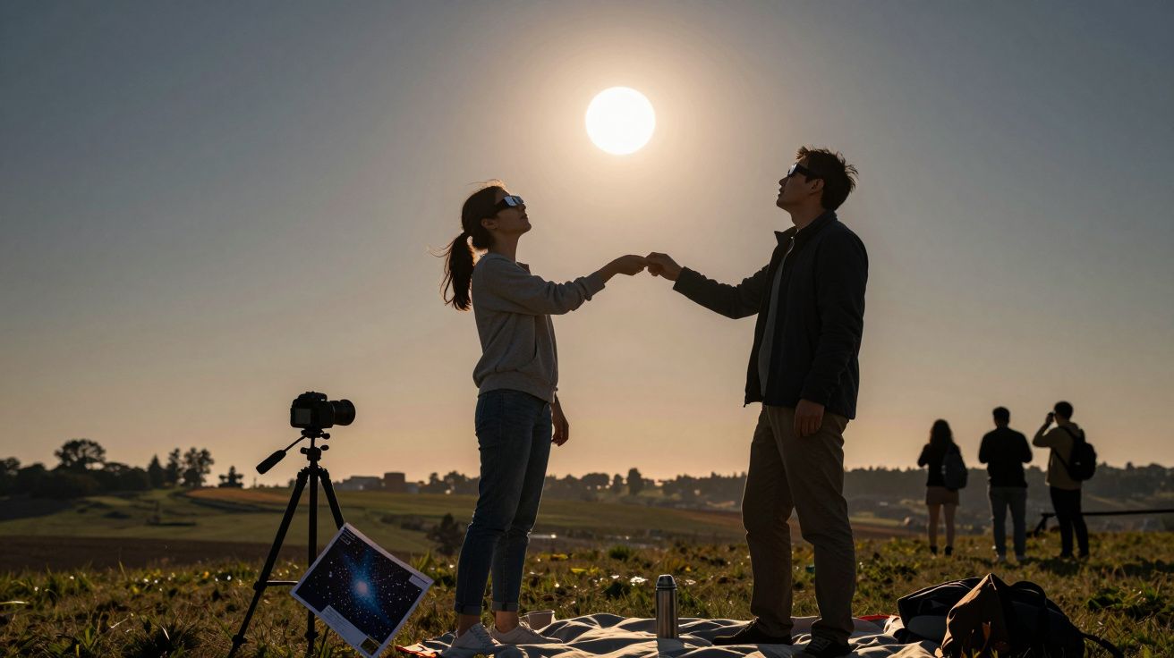 Doi oameni ținându-se de mâini la apus, cu un telescop și un laptop lângă ei, pe un câmp.